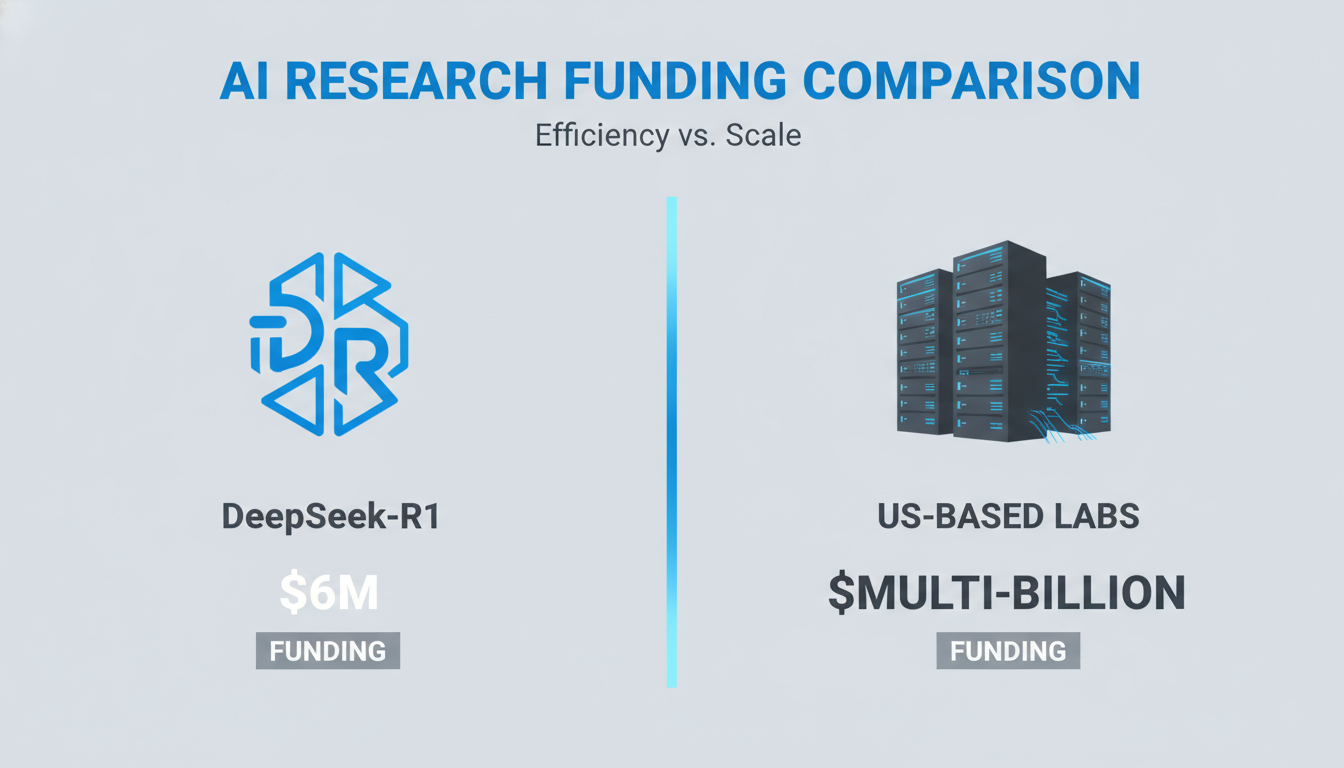 A clean, professional data visualization infographic on a soft grey background. A split-screen comparison: on the left, a small, glowing icon representing DeepSeek-R1 with a $6M tag. On the right, a m
