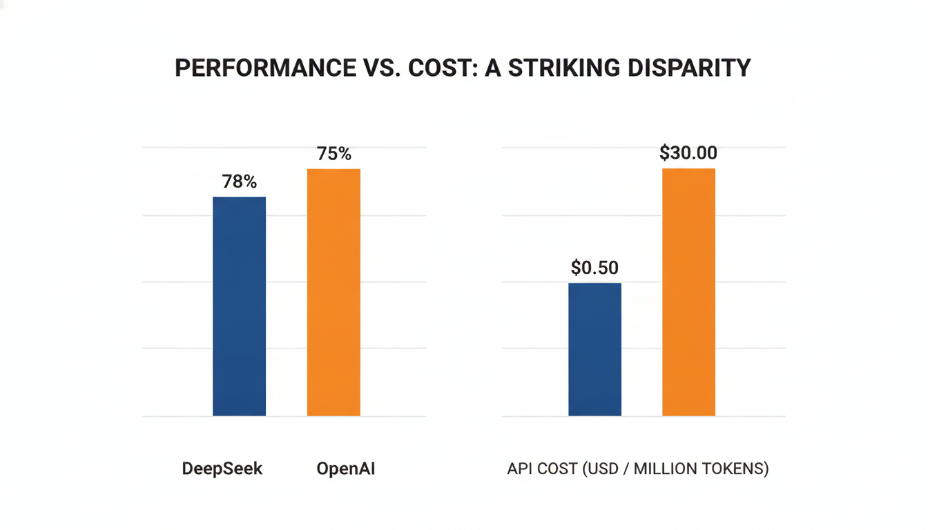 A modern, sleek bar chart comparison infographic. Two grouped bars side-by-side: MATH-500 accuracy percentages and API cost per million tokens. Use color-coded bars—deep professional blue for DeepSeek