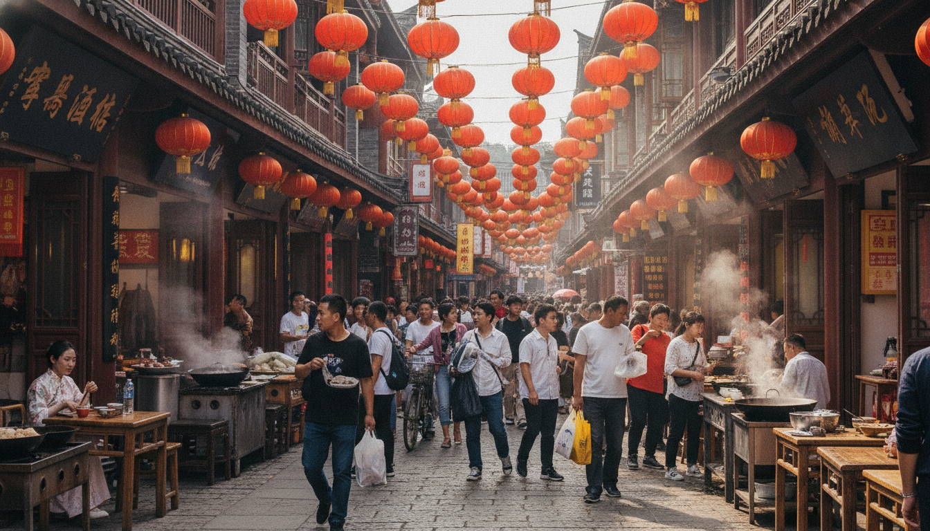 A bustling street in Chengdu, filled with people, shops, and