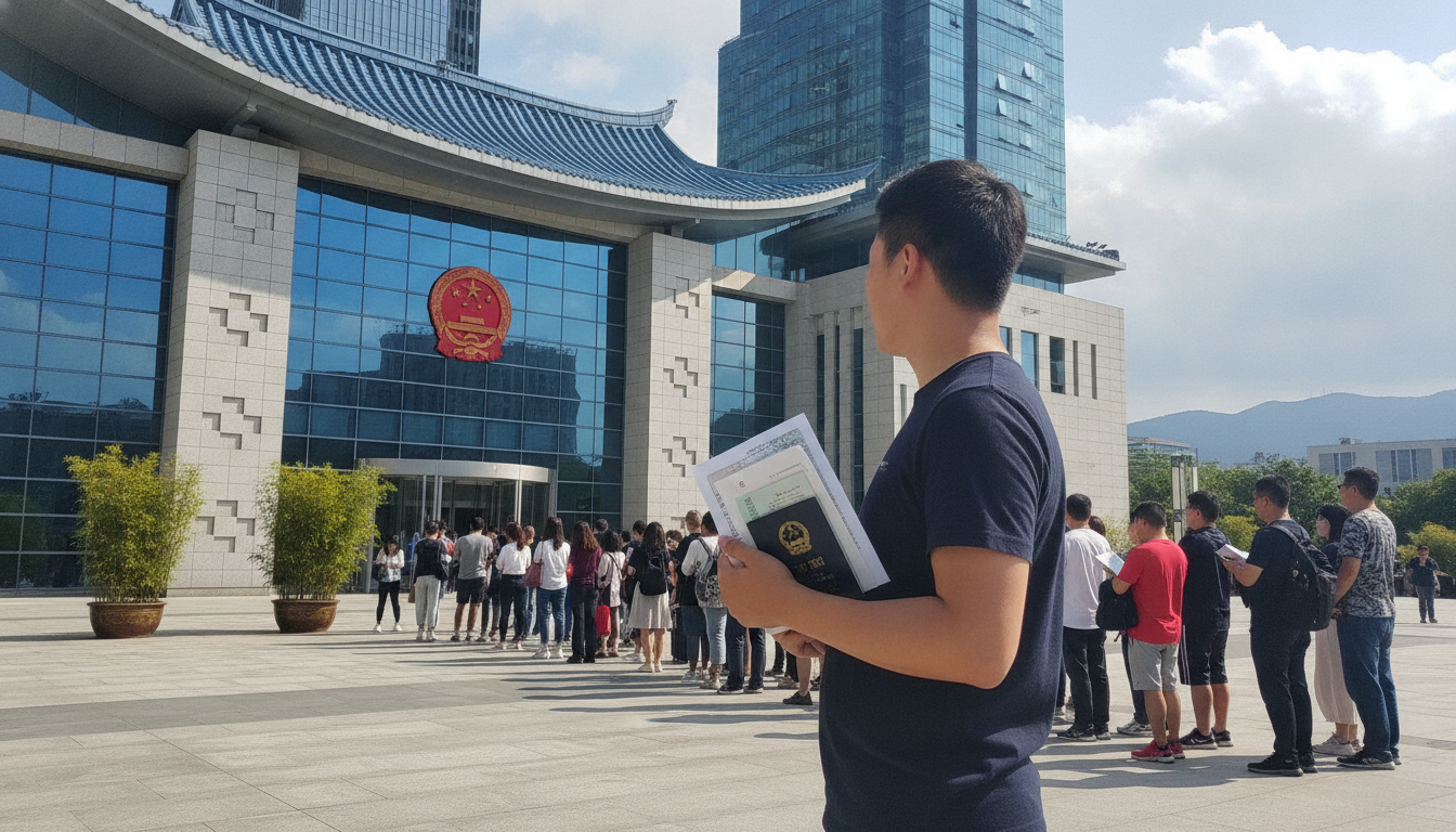 A person standing in front of the Chinese embassy, holding a