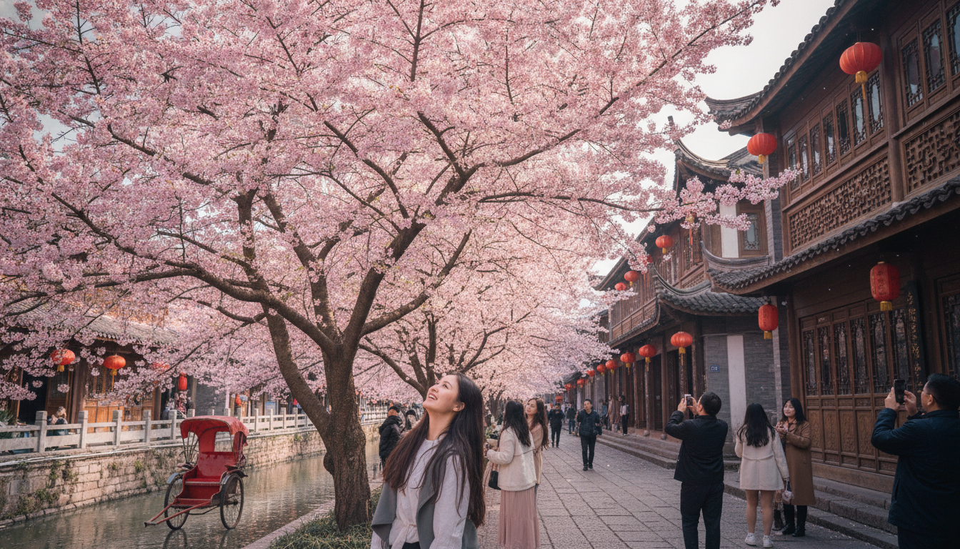 A person standing in front of a cherry blossom tree in Cheng