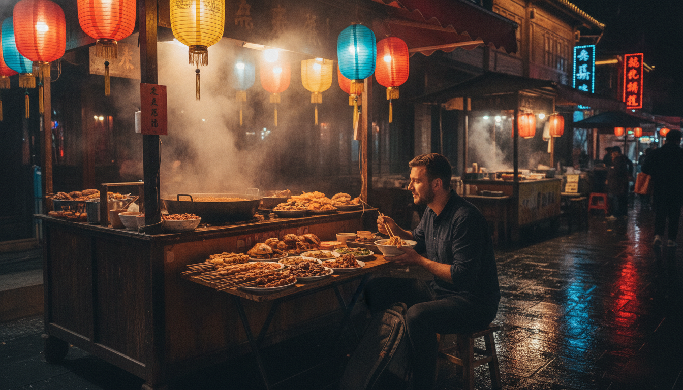 A person standing in front of a street food stall in Chengdu