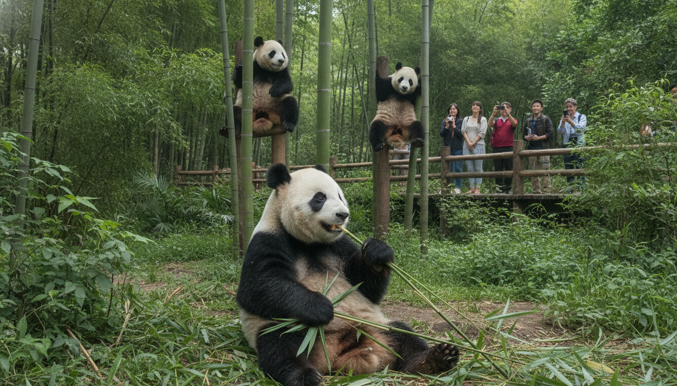 A panda sitting in a tree at the Chengdu Panda Base. The pan