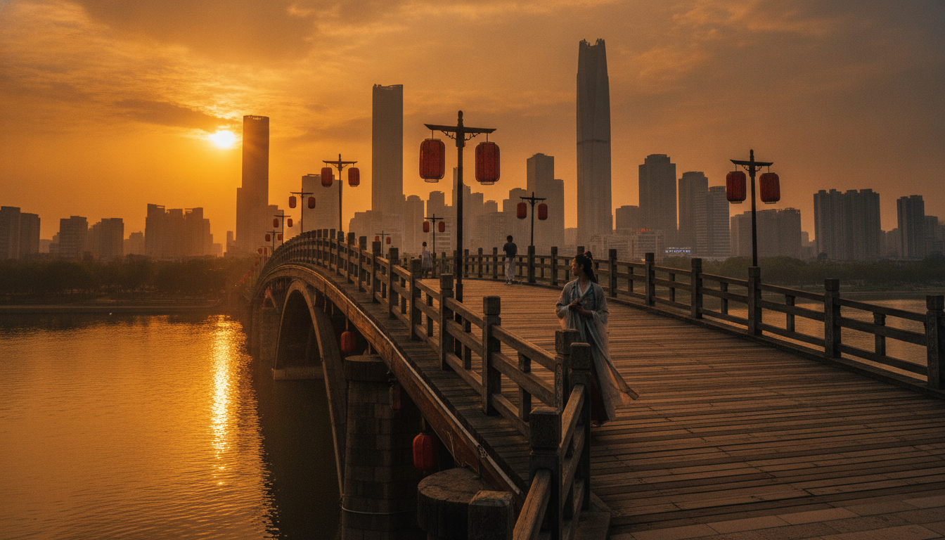 A person standing on a bridge over the Jinjiang River in Che