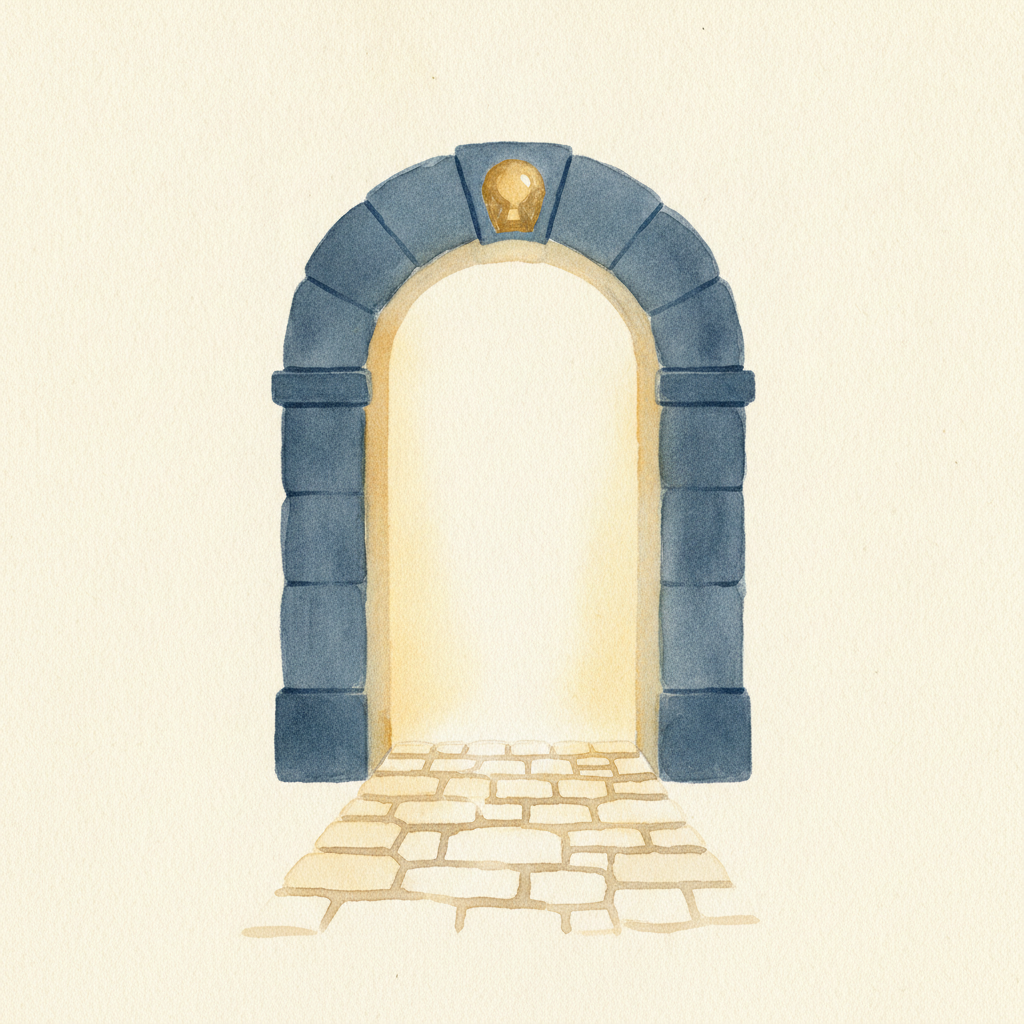 An arched stone gateway with golden light spilling through — a threshold to cross