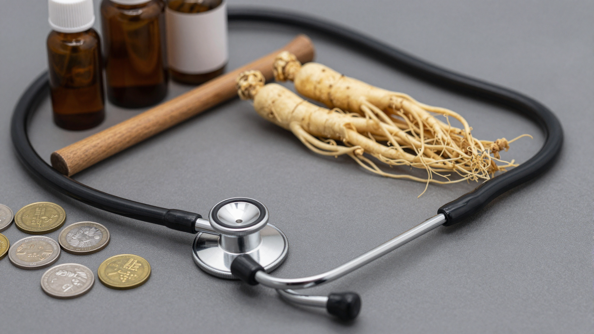 청진기, 지팡이, 인삼, 알약 병과 동전들이 놓여 있는 노후 건강 관리와 의료 혜택 관련 정물 사진.