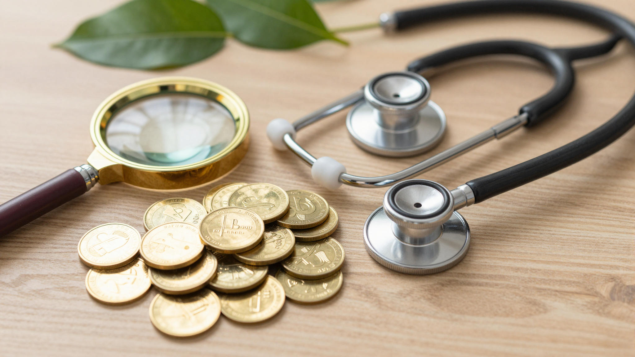 나무 탁자 위에 놓인 돋보기, 금화, 청진기와 초록색 잎사귀들이 배치된 실사 이미지.