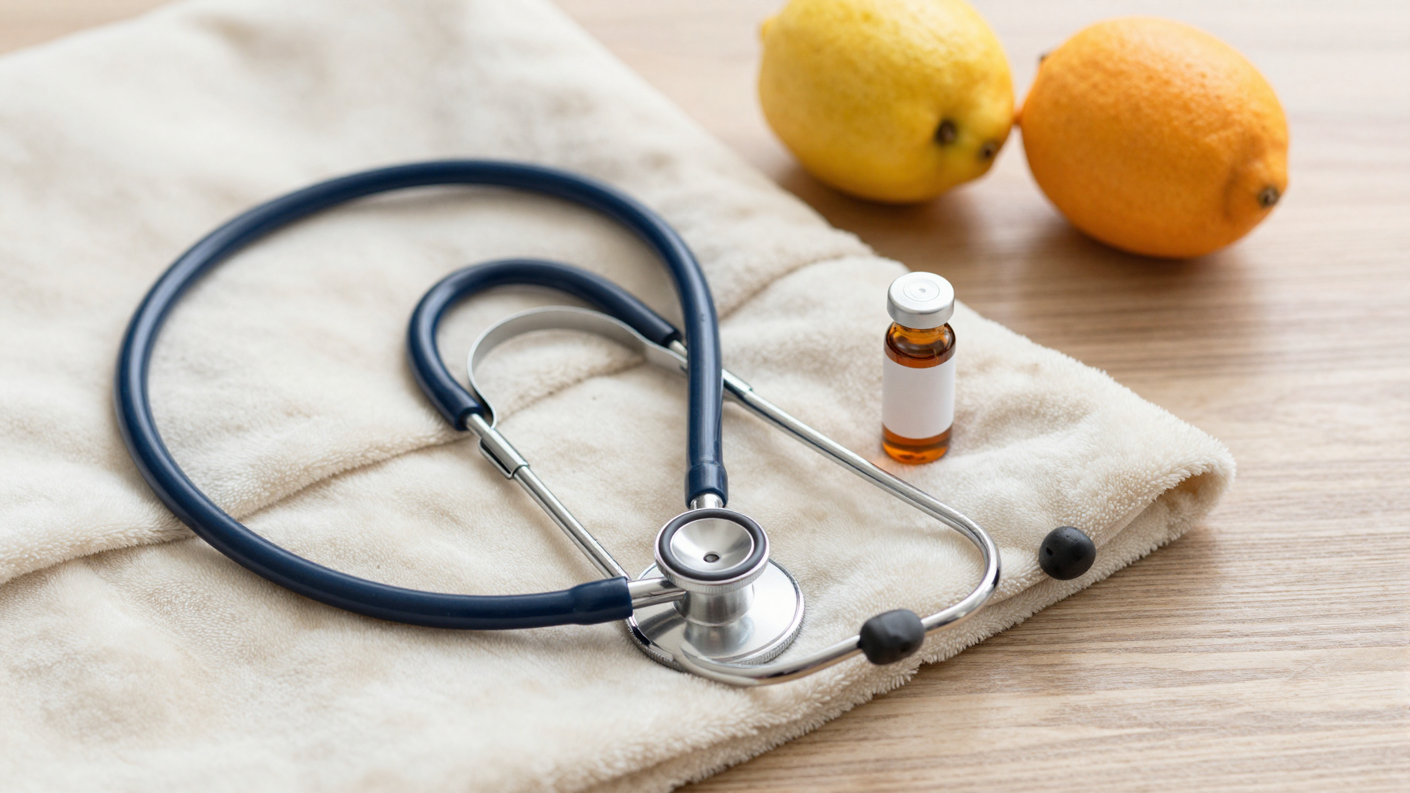 나무 테이블 위에 놓인 청진기, 부드러운 담요, 약병과 신선한 과일이 있는 정물화.