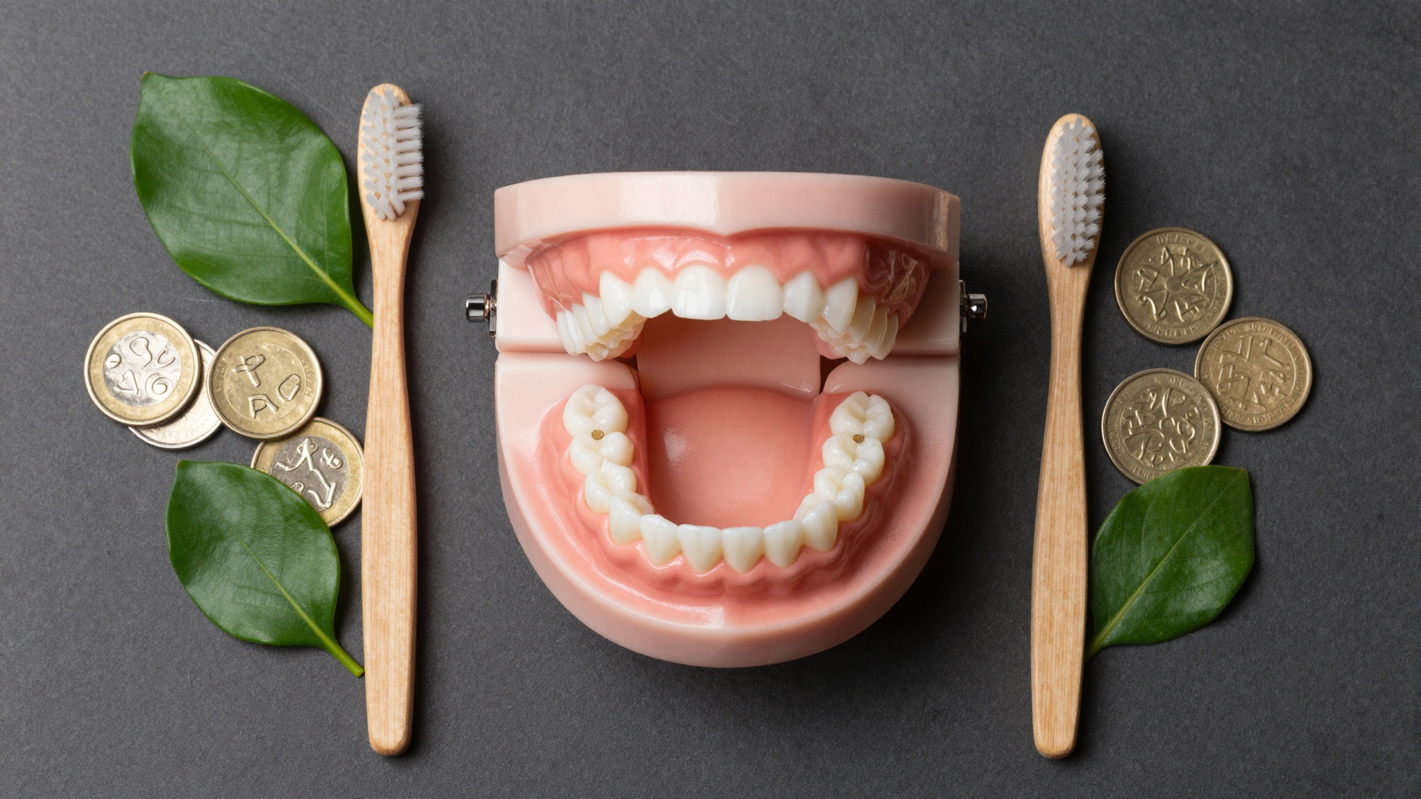 틀니와 칫솔, 나무 동전과 초록 잎사귀가 평면으로 놓인 깔끔하고 사실적인 모습의 이미지입니다.