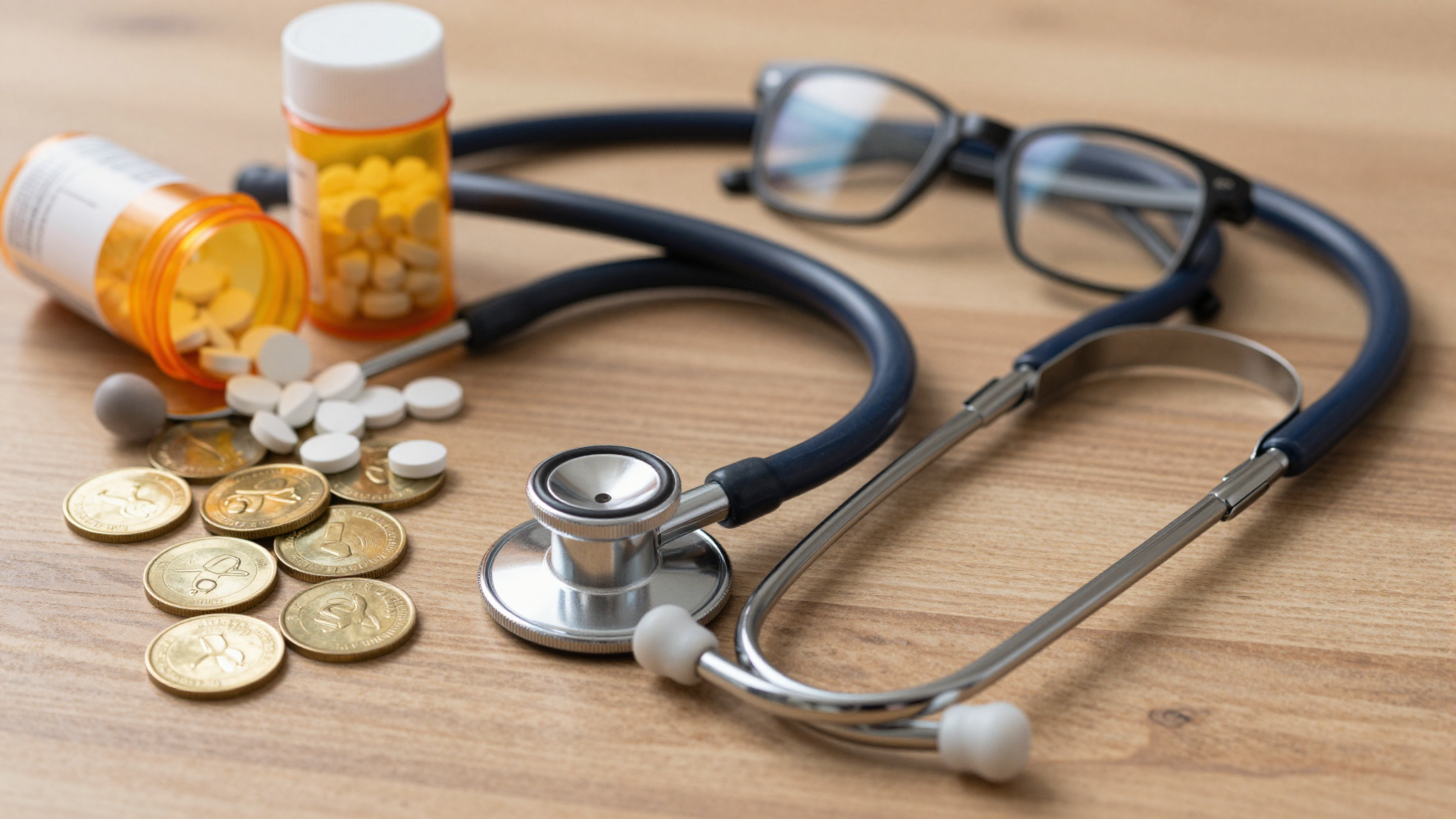 나무 탁자 위에 놓인 청진기, 알약 병, 금화와 돋보기안경이 어우러진 정물 사진입니다.