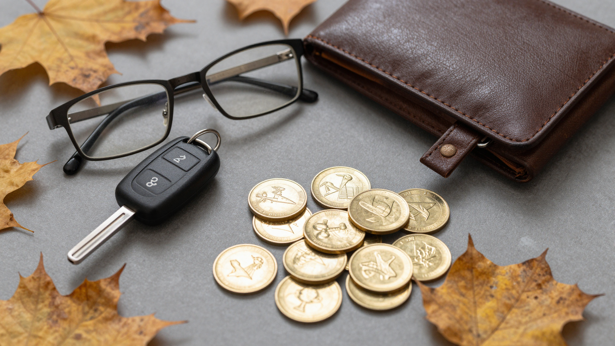 자동차 키, 돋보기안경, 가죽 지갑, 금화가 흩어진 가을 낙엽 위에 놓여 있는 실사 이미지.