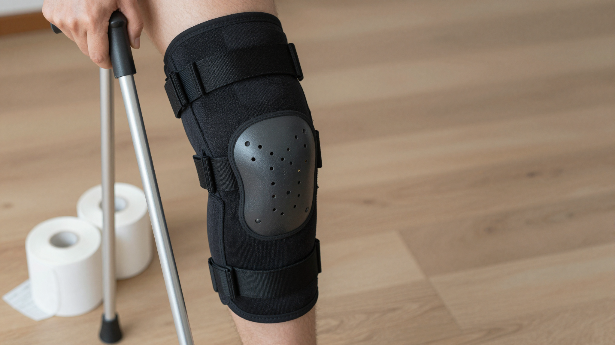나무 바닥 위에 놓인 튼튼한 지팡이와 무릎 보호대, 의료용 거즈 롤이 놓여 있는 실사 이미지.