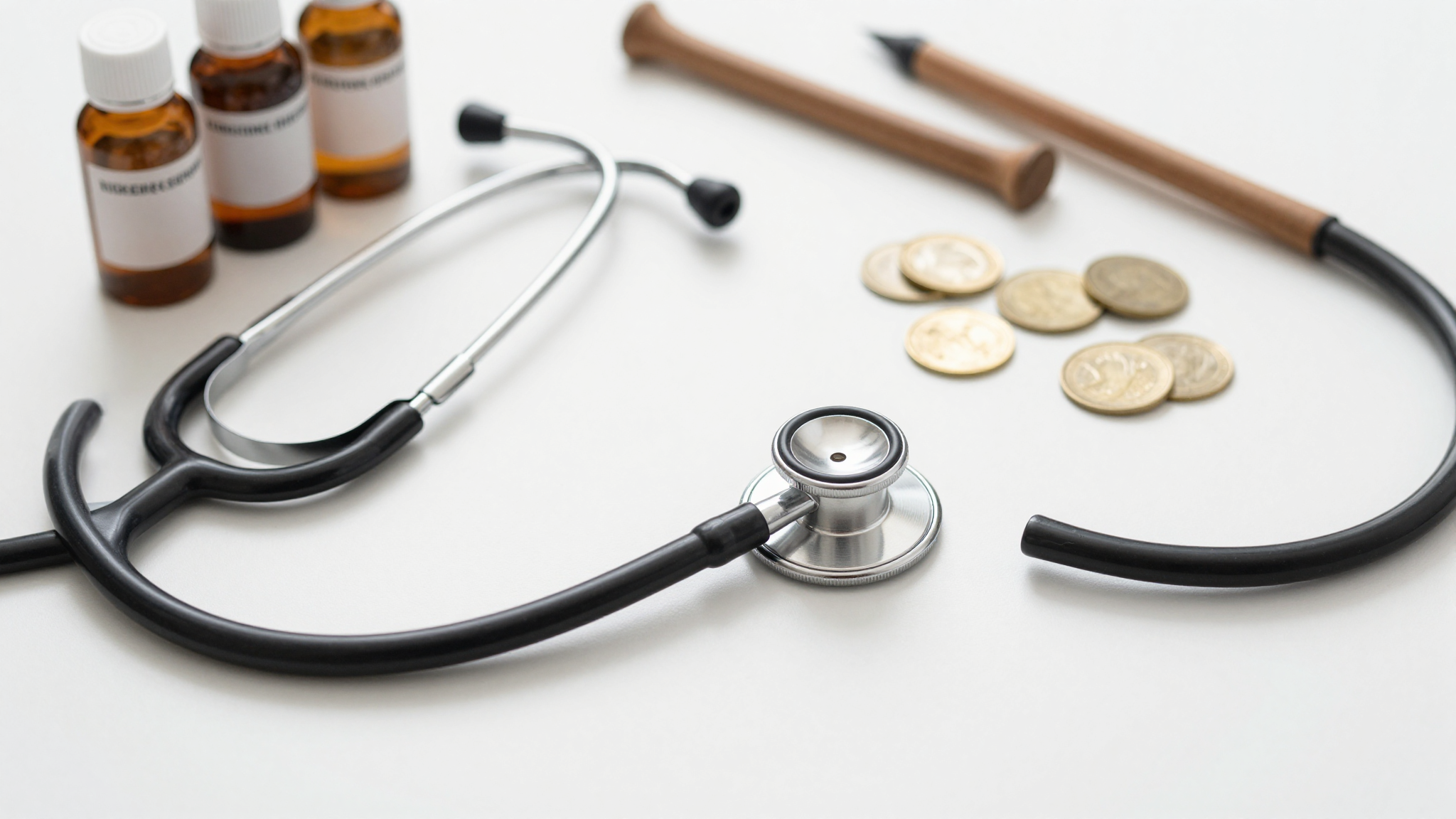 깨끗한 책상 위에 놓인 청진기와 약병, 금화 더미와 나무 지팡이의 모습.