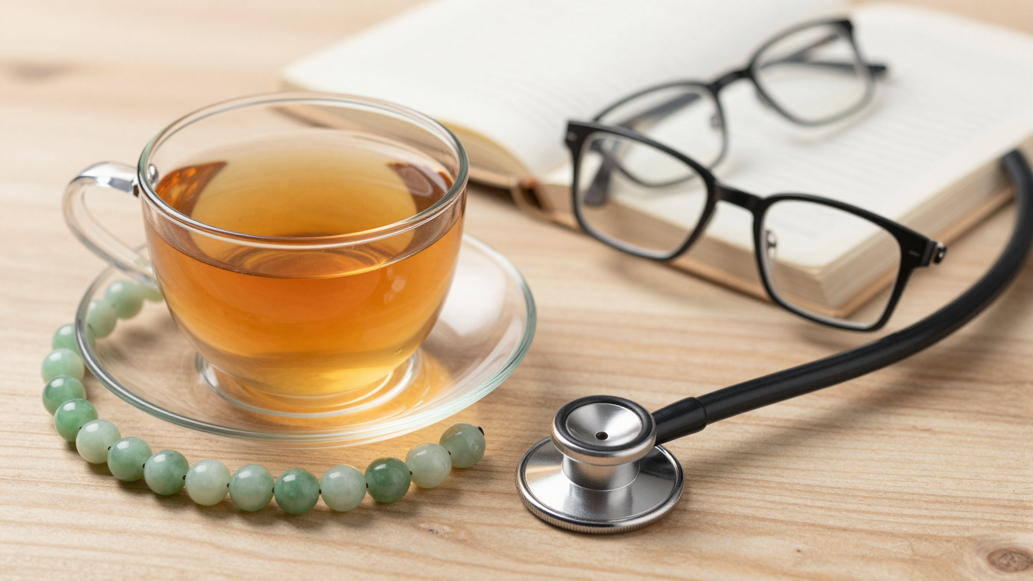 나무 탁자 위에 놓인 따뜻한 차와 돋보기안경, 비취 염주와 청진기가 평온하게 어우러진 정물 사진.