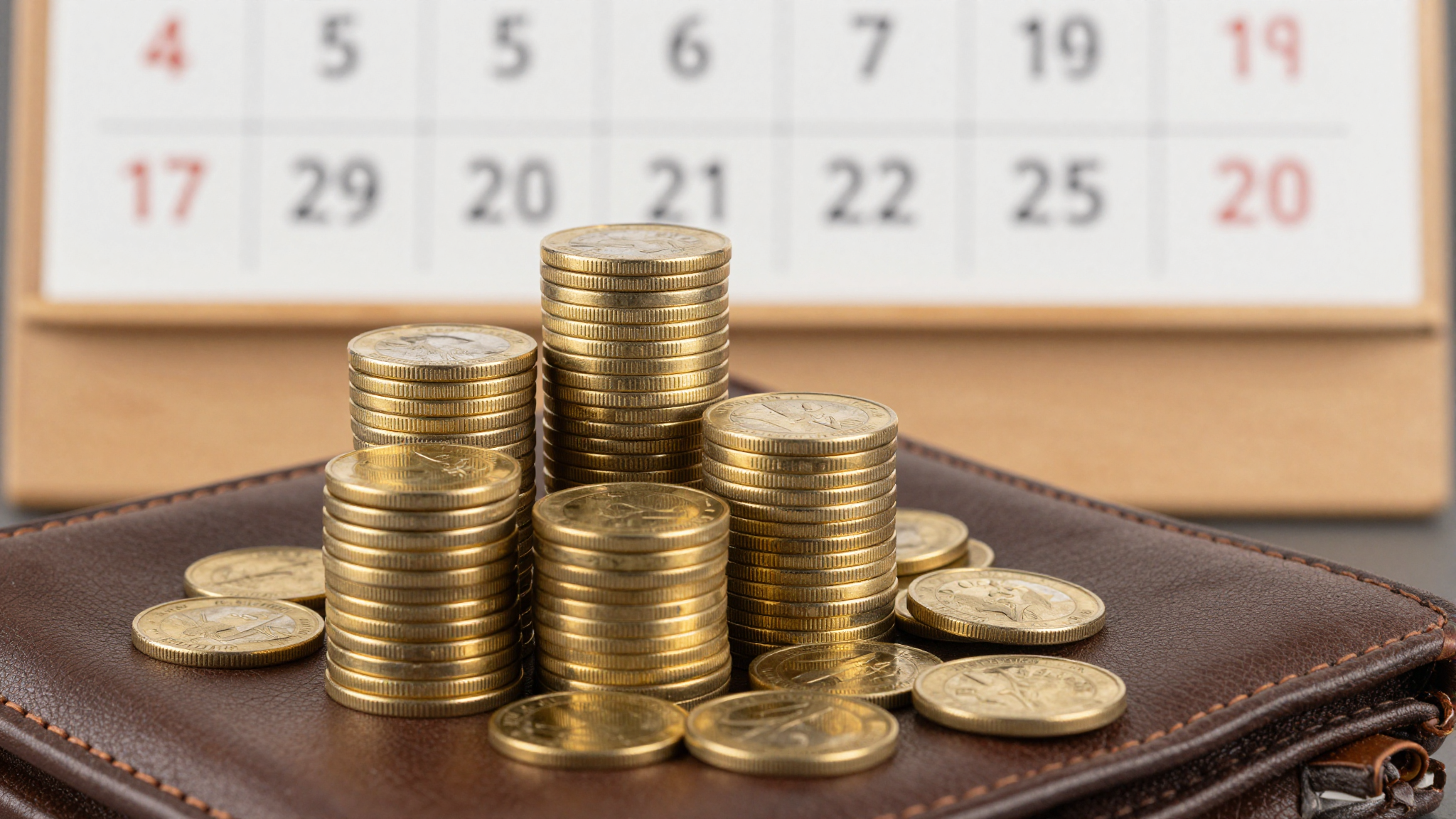 높이별로 쌓인 금동전과 가죽 지갑, 나무 달력, 초록 식물이 놓인 깔끔하고 사실적인 재테크 이미지.