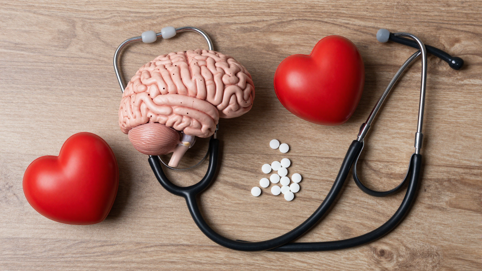 나무 바닥 위 청진기, 뇌 모델, 빨간 하트 모형과 알약들이 놓여 있는 의료 소품의 부감 샷.