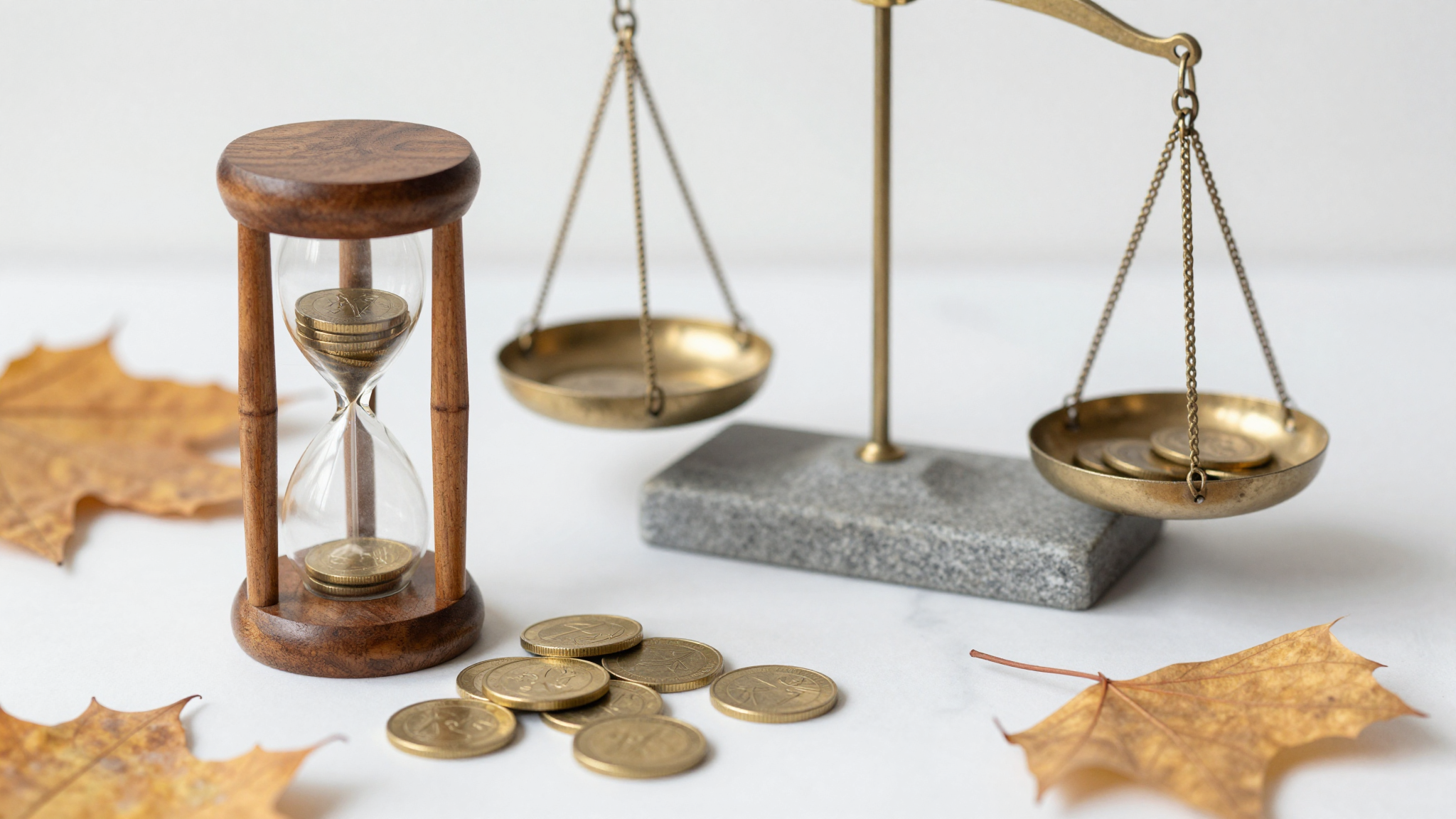 흰 대리석 위에 놓인 나무 모래시계와 금화, 마른 가을 낙엽과 균형을 잡은 돌들이 놓인 실사 이미지.