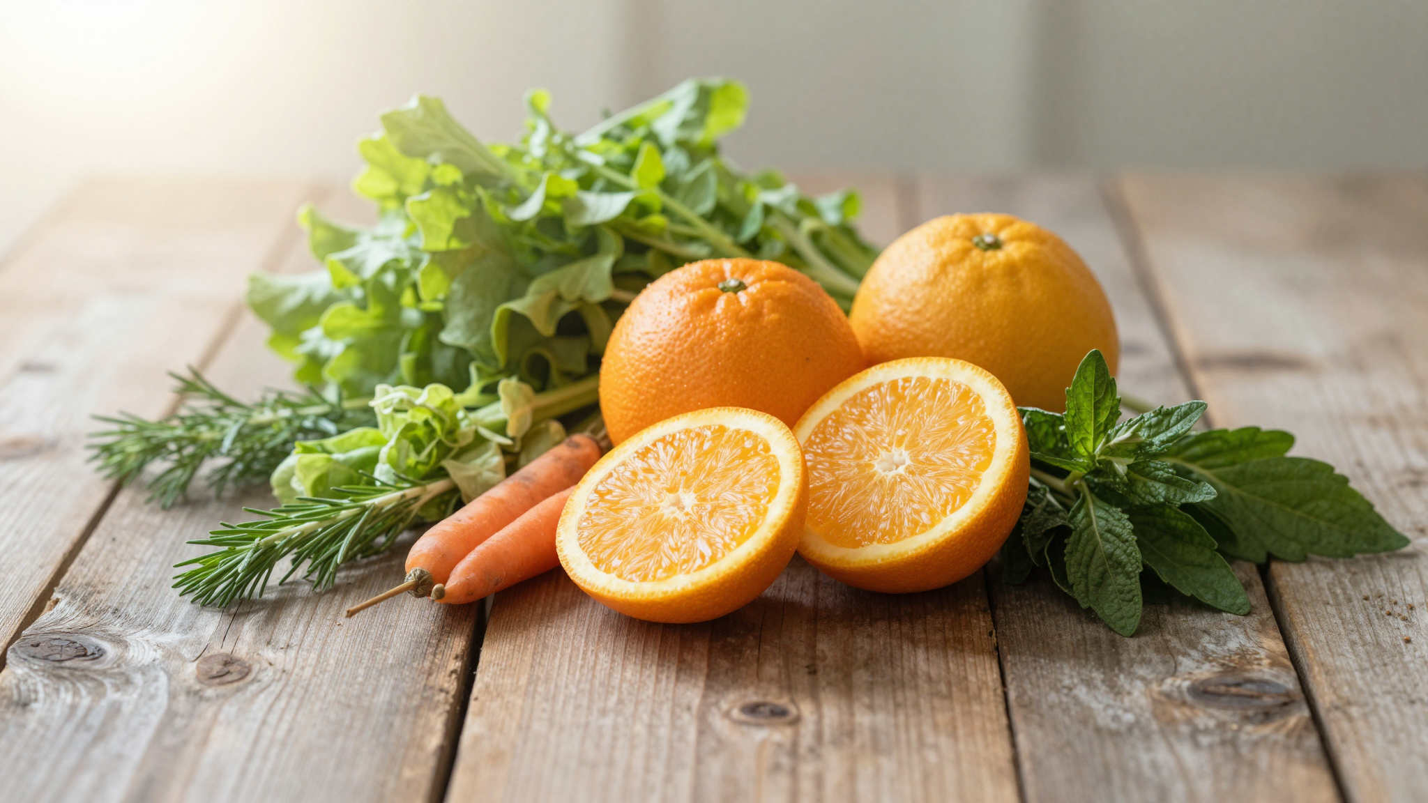 신선한 채소와 과일이 담긴 바구니로 표현한 간과 장 해독 식단 이미지.