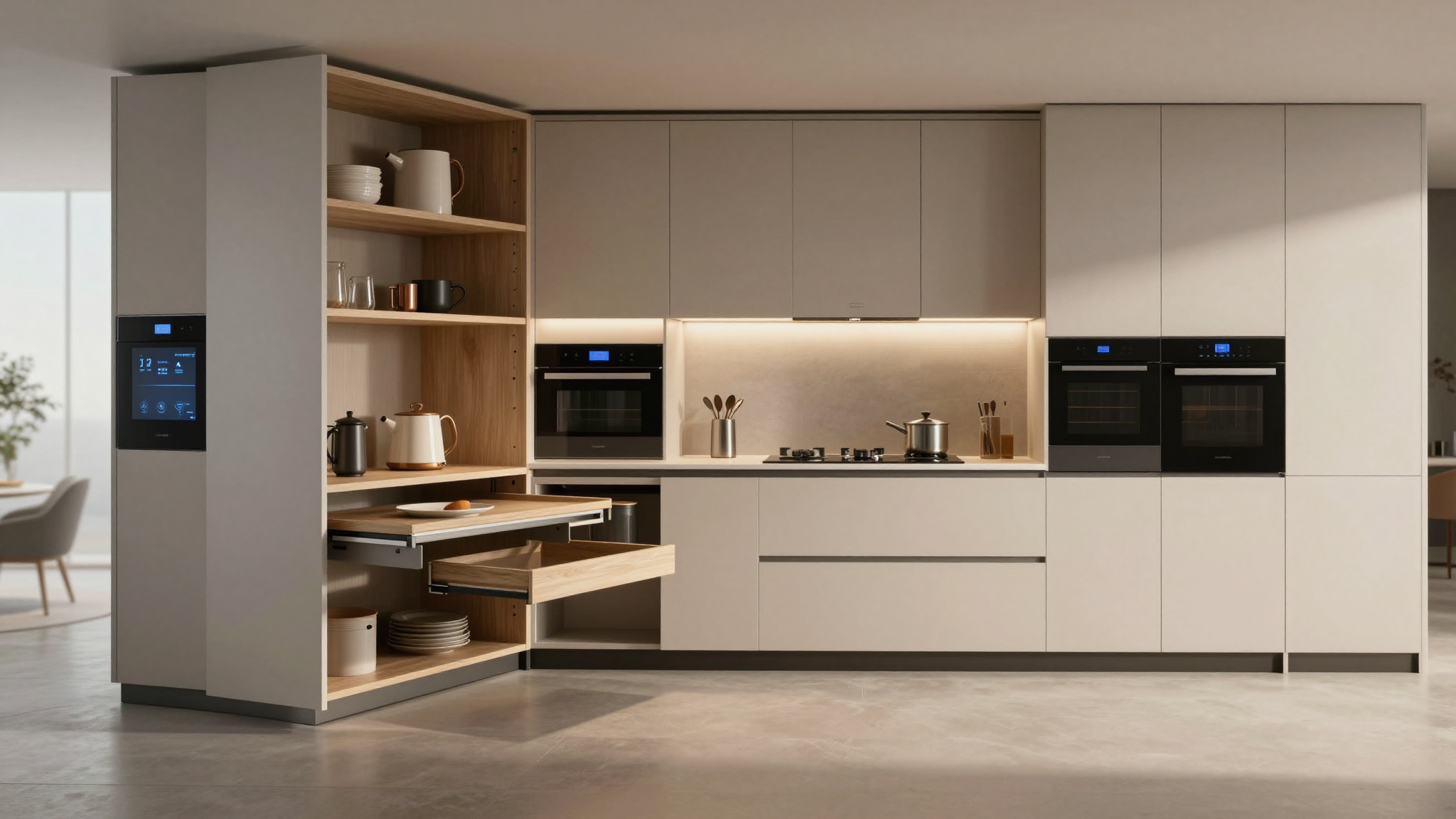 미래형 스마트 키친, 공간 효율 극대화하는 3가지 디자인 비밀: 숨겨진 수납 공간부터 다용도 가구 활용까지