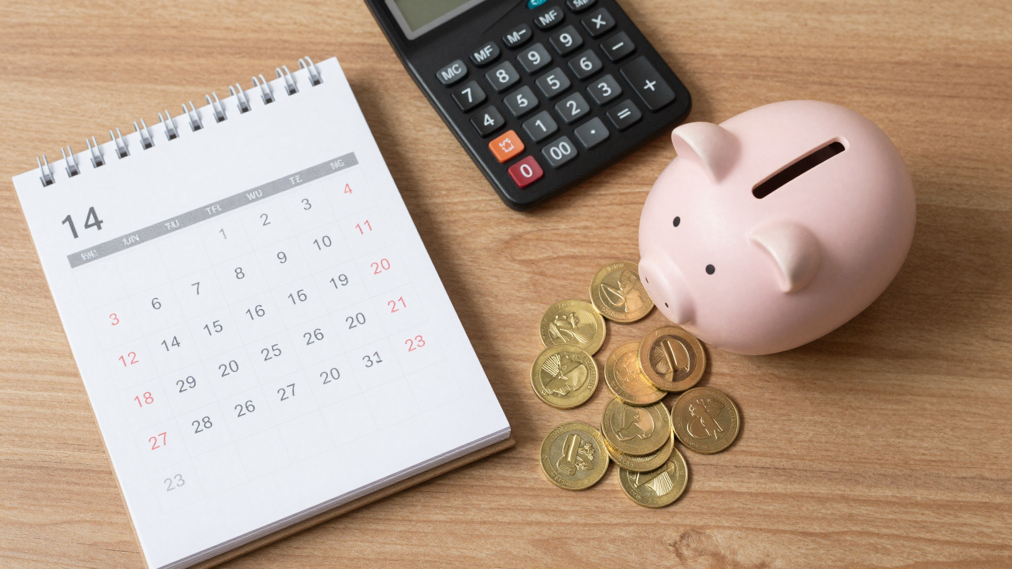 나무 책상 위 돼지저금통과 달력, 금화, 계산기가 놓인 모습. 국민연금 수령액을 높이기 위한 자산 관리 이미지.