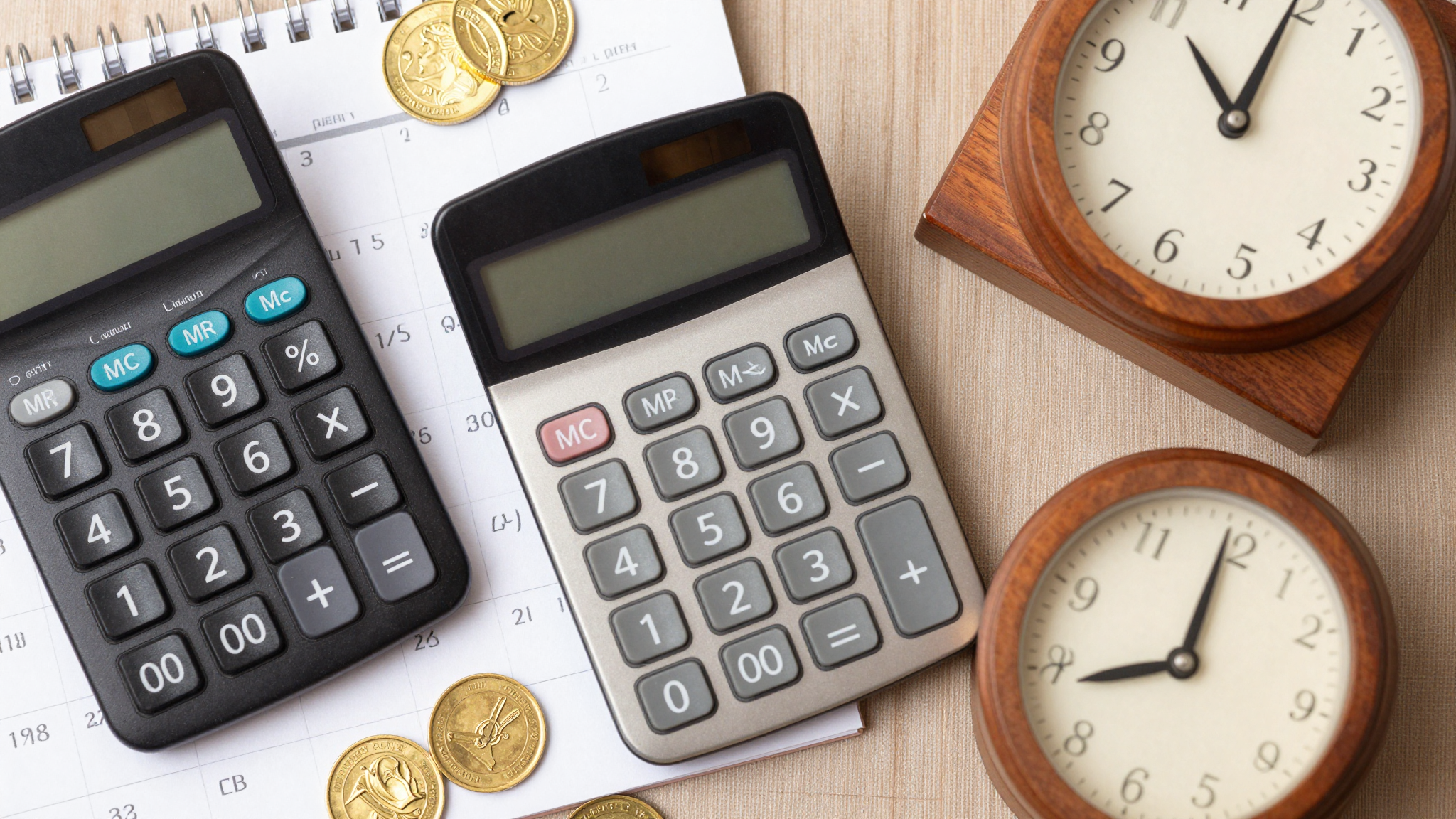 계산기와 달력, 황금 동전, 나무 시계가 놓인 책상 위 모습으로 국민연금 가입 기간의 중요성을 표현한 이미지입니다.