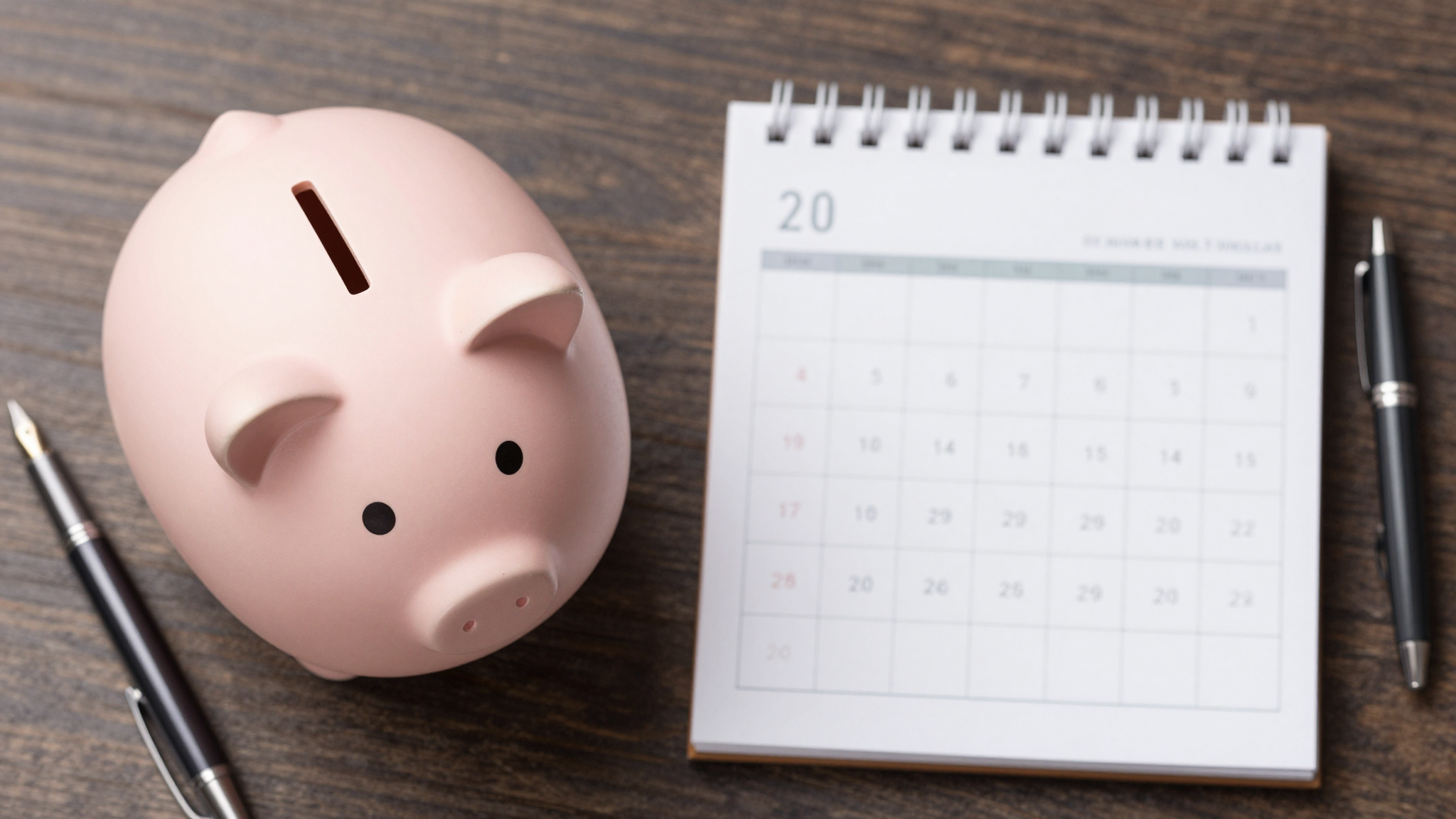 지폐와 돼지저금통, 달력, 만년필이 놓인 책상 위 모습으로 국민연금 추납 결정을 고민하는 정갈한 분위기입니다.