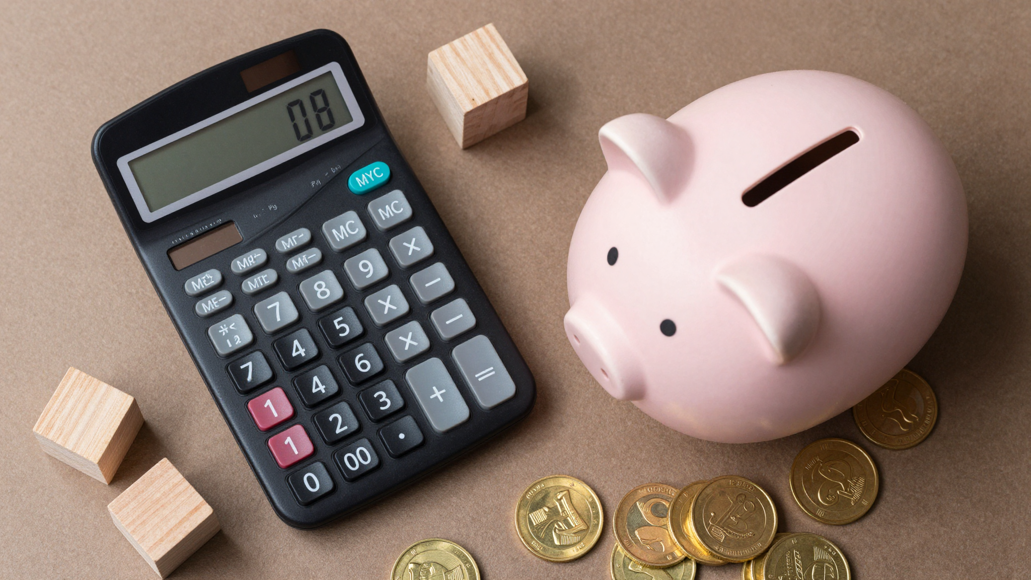 계산기, 돼지저금통, 나무 블록, 금화가 놓인 국민연금 임의가입 관련 이미지.
