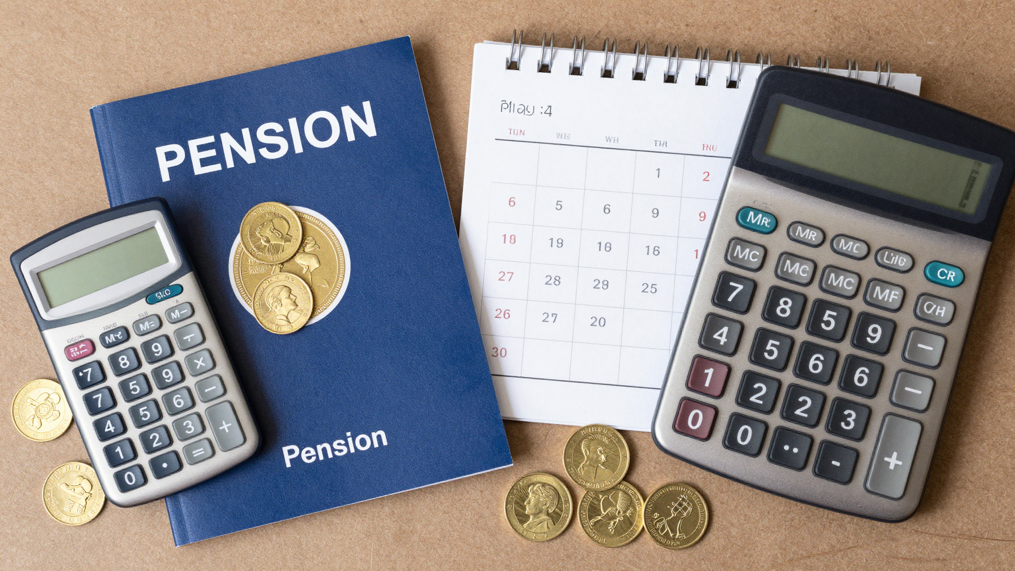 계산기와 국민연금 안내서, 달력, 금화가 놓인 책상 위 모습이 담긴 평면도 사진입니다.
