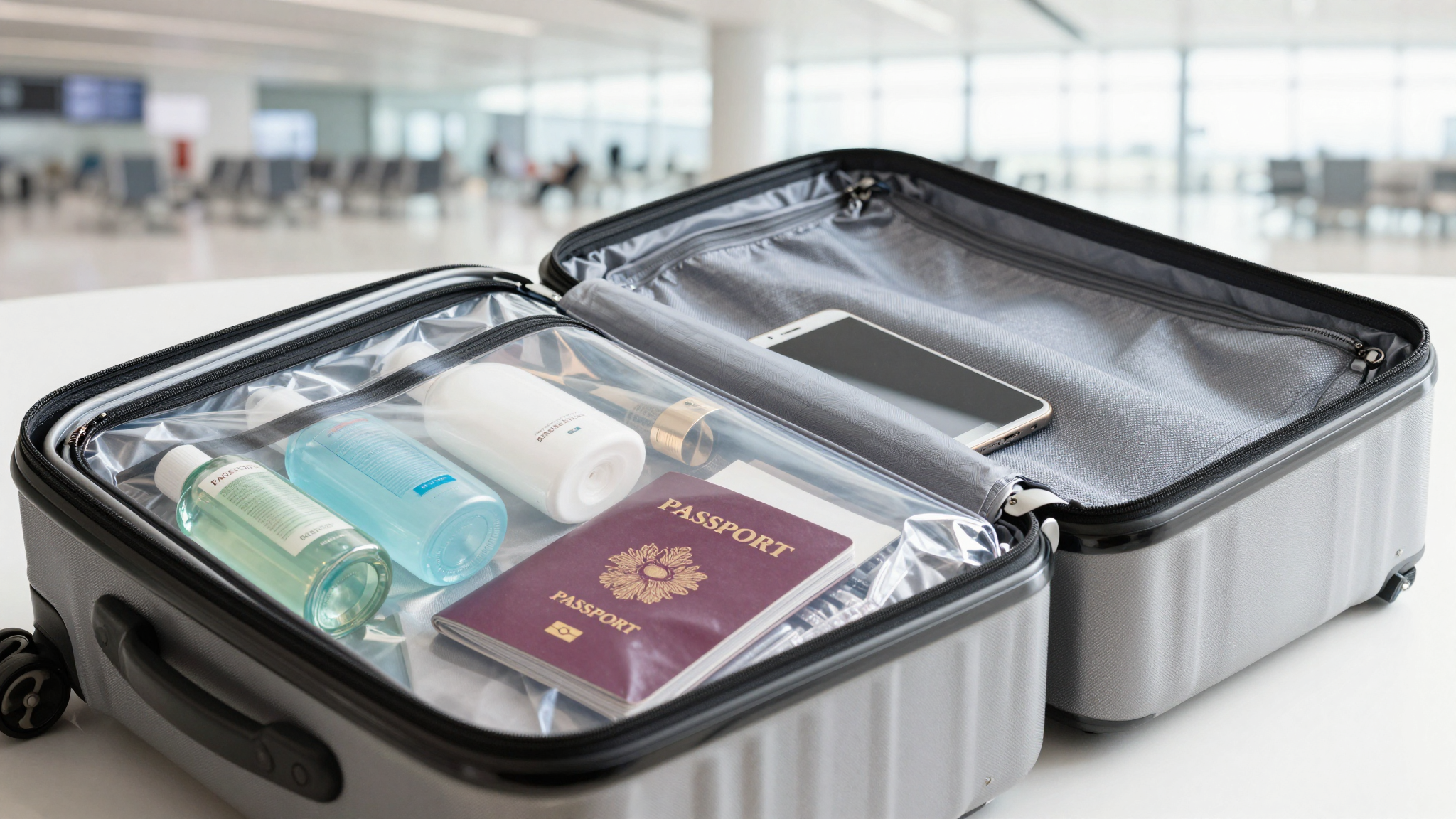 공항 검색대 통과를 위한 기내 반입 금지 품목 안내 공항 보안 검색대 통과 전 기내 반입 가능한 소지품을 정리한 캐리어와 투명 지퍼백, 그리고 여권과 스마트폰이 놓여 있는 모습