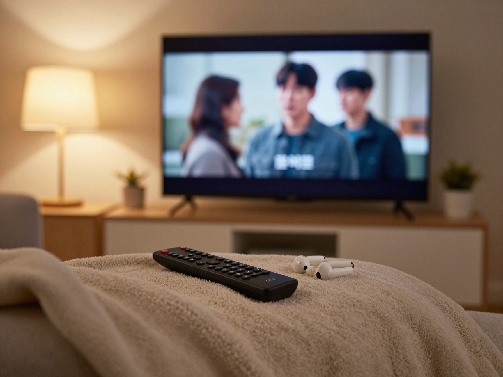 밤의 아늑한 거실, 소파 위 담요에 리모컨과 무선 이어폰이 놓여 있고 TV엔 자막 없는 미국 드라마가 정지된 화면