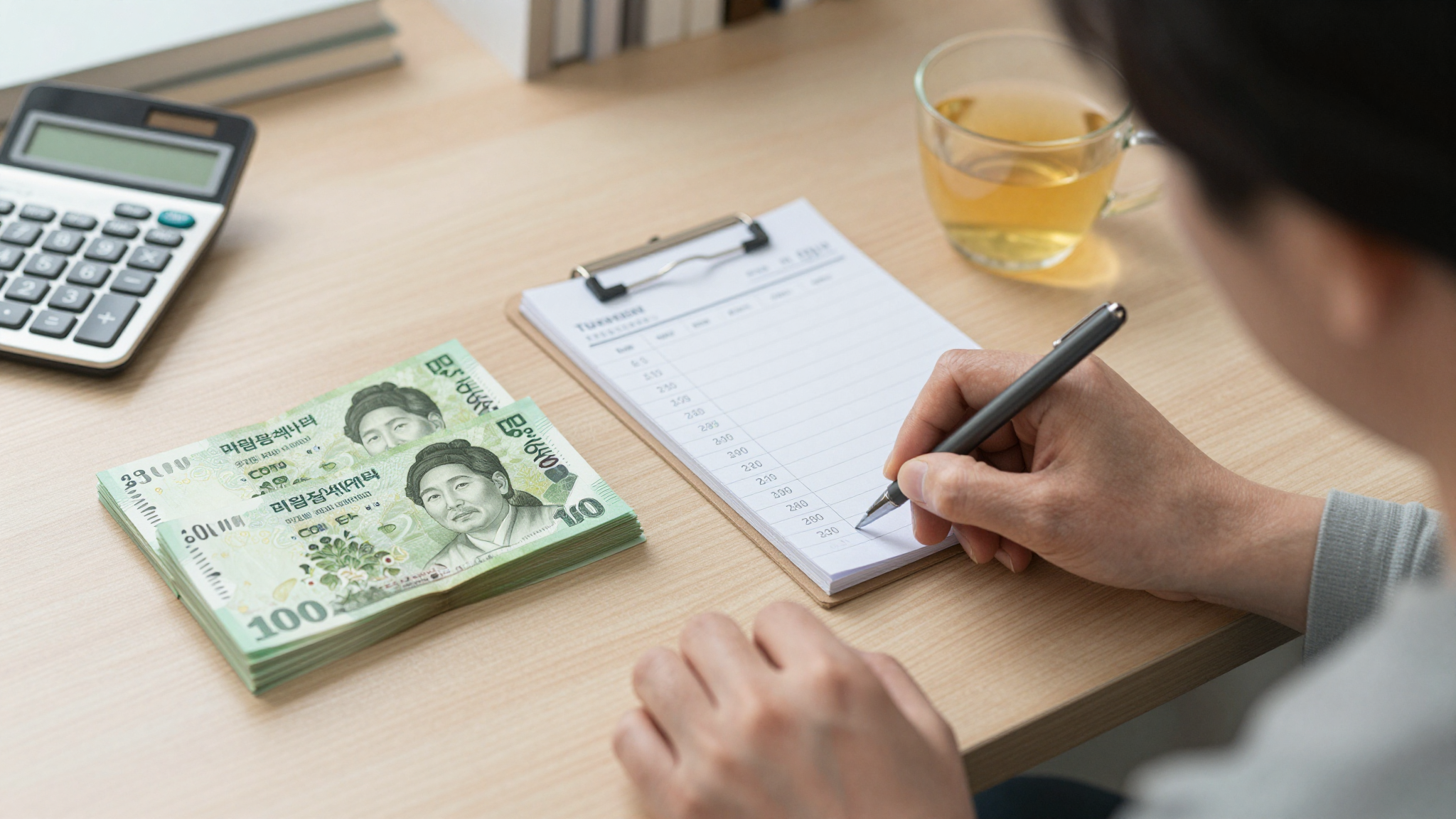 노후 자금과 기초연금을 계산하는 모습 따뜻한 분위기의 거실 테이블 위에 계산기와 메모지, 그리고 차 한 잔이 놓여 있어 노후 자금을 꼼꼼히 계산하는 모습을 연상시키는 이미지